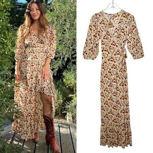 NWT BILLA 77 Bellview Floral Wheat Boho Puff Sleeve Wrap Maxi Dress Sz XS